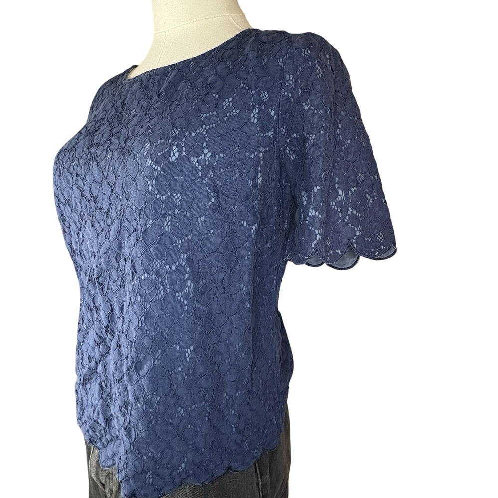 Madewell Womens Scalloped Short Sleeve Lace Top Navy Blue Size Small Cropped - Picture 2 of 6